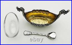 Vintage Norwegian Viking Boat Salt Cellar & Spoon Sterling Silver Enamel