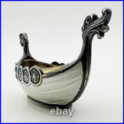 Vintage Norwegian Viking Boat Salt Cellar & Spoon Sterling Silver Enamel