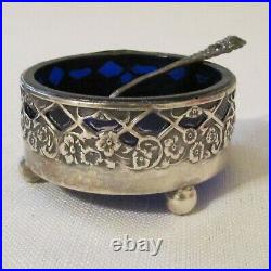 Vintage Open Sterling Silver Salt Cellar with Cobalt Glass Insert & Matching Spoon