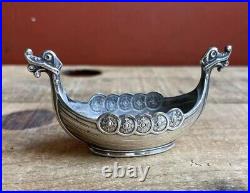 Vintage Ornate Norwegian Viking Ship Salt Boat Cellar Dish 925 Sterling Silver