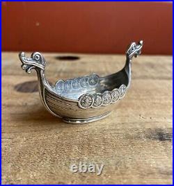 Vintage Ornate Norwegian Viking Ship Salt Boat Cellar Dish 925 Sterling Silver