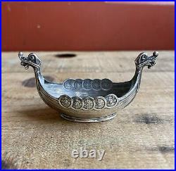 Vintage Ornate Norwegian Viking Ship Salt Boat Cellar Dish 925 Sterling Silver