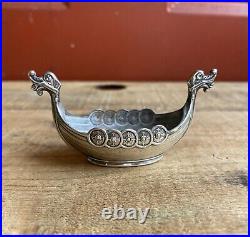 Vintage Ornate Norwegian Viking Ship Salt Boat Cellar Dish 925 Sterling Silver