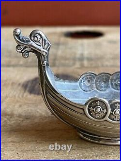 Vintage Ornate Norwegian Viking Ship Salt Boat Cellar Dish 925 Sterling Silver