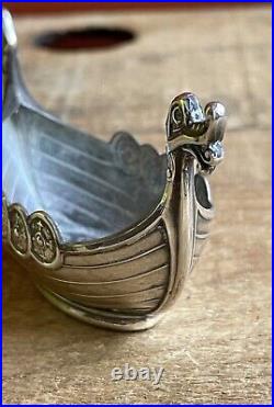 Vintage Ornate Norwegian Viking Ship Salt Boat Cellar Dish 925 Sterling Silver