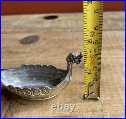 Vintage Ornate Norwegian Viking Ship Salt Boat Cellar Dish 925 Sterling Silver