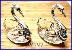 Vintage Pair Of 835 Silver Swan Crystal Divided Salt Cellar Set