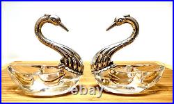 Vintage Pair Of 835 Silver Swan Crystal Divided Salt Cellar Set