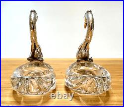 Vintage Pair Of 835 Silver Swan Crystal Divided Salt Cellar Set