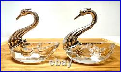 Vintage Pair Of 835 Silver Swan Crystal Divided Salt Cellar Set