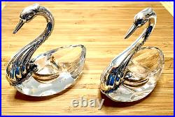 Vintage Pair Of 835 Silver Swan Crystal Divided Salt Cellar Set