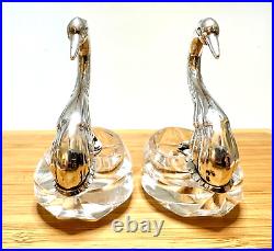 Vintage Pair Of 835 Silver Swan Crystal Divided Salt Cellar Set