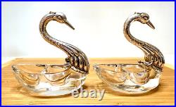 Vintage Pair Of 835 Silver Swan Crystal Divided Salt Cellar Set