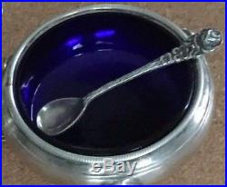 Vintage Pair Sterling Silver Salt Cellars with Cobalt Blue Glass Liners & Spoons