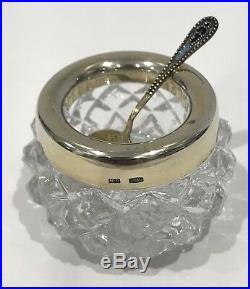 Vintage Russian Soviet 875 Silver Rim Crystal Glass Salt Cellar with Enamel Spoon
