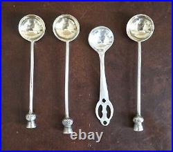 Vintage SET SALT CELLARS 4 Pewter Cellars, 4 Glass Inserts, 4 Sterling Spoons