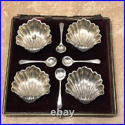 Vintage Set of 4 British Sterling Silver Salt Cellars and Spoons Footed Shell