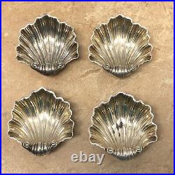 Vintage Set of 4 British Sterling Silver Salt Cellars and Spoons Footed Shell