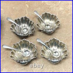 Vintage Set of 4 British Sterling Silver Salt Cellars and Spoons Footed Shell