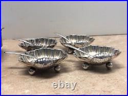 Vintage Set of 4 British Sterling Silver Salt Cellars and Spoons Footed Shell