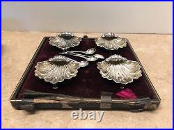 Vintage Set of 4 British Sterling Silver Salt Cellars and Spoons Footed Shell