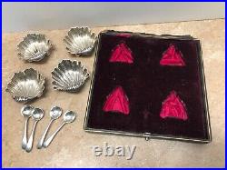 Vintage Set of 4 British Sterling Silver Salt Cellars and Spoons Footed Shell