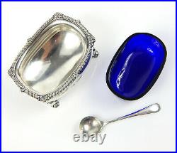 Vintage Solid Silver Footed Salt Dish Cellar Pot w Bristol Blue Glass & Spoon