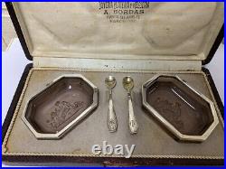 Vintage Spanish Silver Table Salts & Silver Spoons In Box