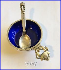 Vintage Sterling Georg Jensen Blue Enamel Lined Salt Dip And Spoon, Acorn #62