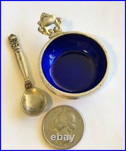 Vintage Sterling Georg Jensen Blue Enamel Lined Salt Dip And Spoon, Acorn #62