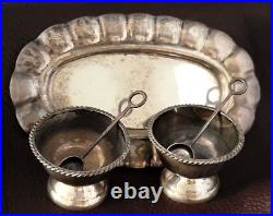 Vintage Sterling Salt Cellars Set With Spoons On 5 Inch Tray Mexico Signed MC 45