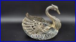 Vintage Sterling Silver & Crystal Swan Master Salt Cellar / Caviar Bowl, 6 1/4