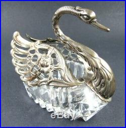 Vintage Sterling Silver & Cut Crystal Swan Salt Dish Cellar German 835 Hallmark
