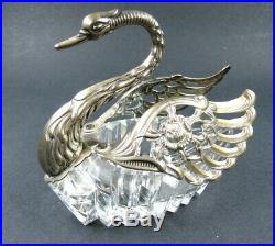 Vintage Sterling Silver & Cut Crystal Swan Salt Dish Cellar German 835 Hallmark