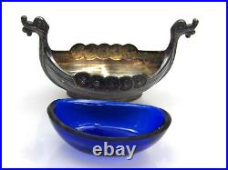 Vintage Sterling Silver Salt Dip Boat Cobalt Blue Glass Insert 925 Cellar