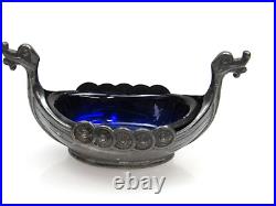 Vintage Sterling Silver Salt Dip Boat Cobalt Blue Glass Insert 925 Cellar