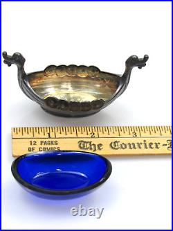 Vintage Sterling Silver Salt Dip Boat Cobalt Blue Glass Insert 925 Cellar