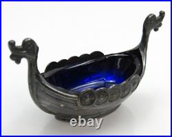 Vintage Sterling Silver Salt Dip Boat Cobalt Blue Glass Insert 925 Cellar