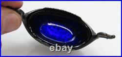 Vintage Sterling Silver Salt Dip Boat Cobalt Blue Glass Insert 925 Cellar