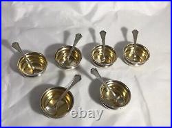 Vintage Sterling Silver Set Of 6 Baker Manchester Open Salt Cellar & Spoons