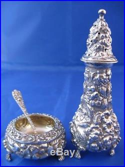 Vintage Stieff Rose Sterling Silver Repousse Shaker Open Salt Cellar Spoon Set