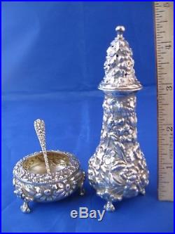 Vintage Stieff Rose Sterling Silver Repousse Shaker Open Salt Cellar Spoon Set