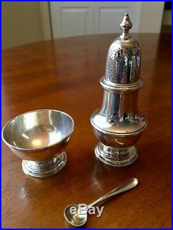 Vintage Tiffany & Co. Sterling Silver Salt Cellar with Spoon and Pepper Shaker