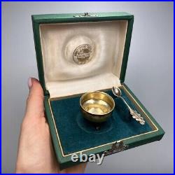 Vintage USSR Mini Spoon Salt Cellar Gilt Silver 875 Silverware Box Bowl Old Gift