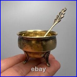 Vintage USSR Mini Spoon Salt Cellar Gilt Silver 875 Silverware Box Bowl Old Gift