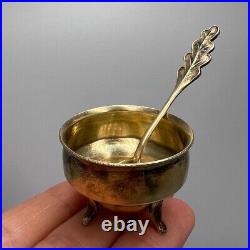 Vintage USSR Mini Spoon Salt Cellar Gilt Silver 875 Silverware Box Bowl Old Gift