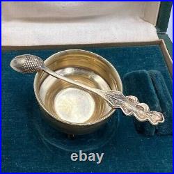 Vintage USSR Mini Spoon Salt Cellar Gilt Silver 875 Silverware Box Bowl Old Gift