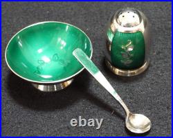 Vintage VB Volmer Bahner Denmark Sterling Green Enamel Pepper Shaker Salt Cellar