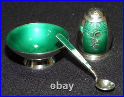 Vintage VB Volmer Bahner Denmark Sterling Green Enamel Pepper Shaker Salt Cellar