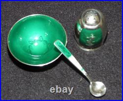 Vintage VB Volmer Bahner Denmark Sterling Green Enamel Pepper Shaker Salt Cellar